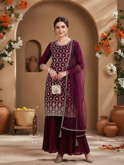 Dhiyona KL Ethnic Motifs Embroidered Striaght Thread Work Kurta With Sharara & Dupatta