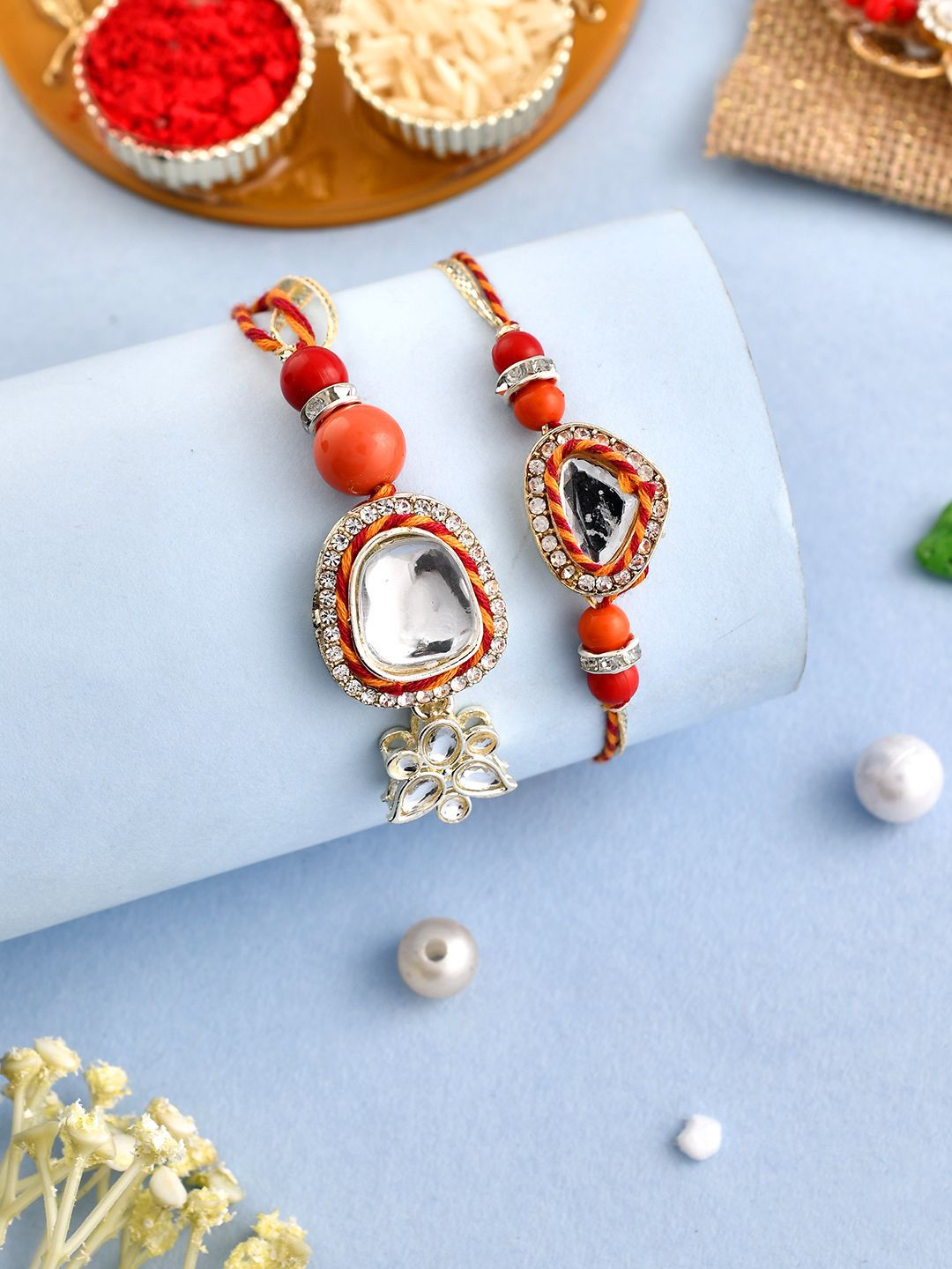 Dhiyona Red Stone Studded & Beaded Bhaiya Bhabhi Rakhis With Roli Chawal & Greeting Card