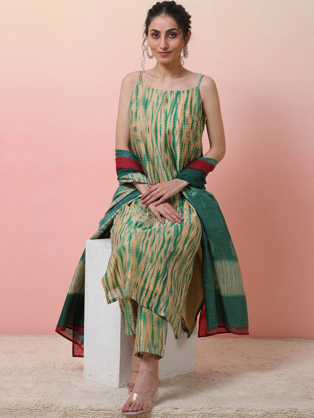 Abstract Printed Sleeveless Chanderi Silk Straight Kurta With Trousers & Dupatta