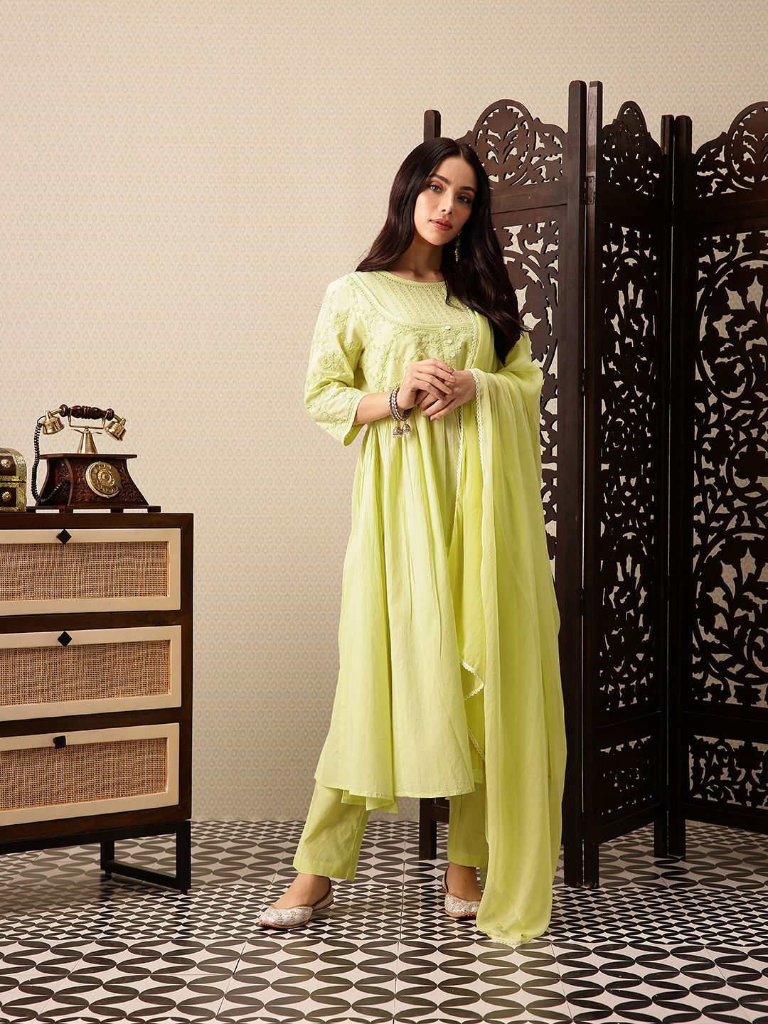 Dhiyona PD Women Floral Embroidered Pure Cotton Jashn A-Line Kurta with Trousers & Dupatta