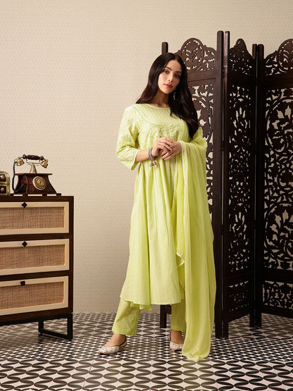 Dhiyona PD Women Floral Embroidered Pure Cotton Jashn A-Line Kurta with Trousers & Dupatta