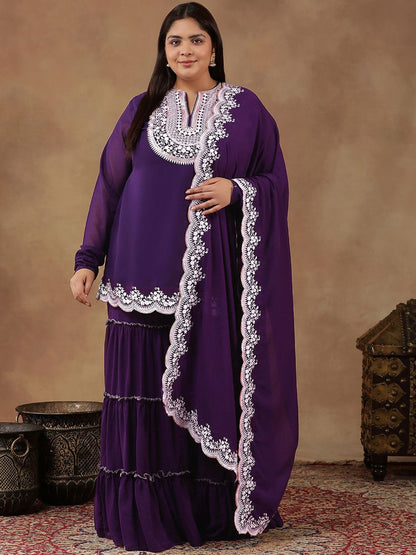 Dhiyona IN Plus Size Floral Embroidered Georgette Straight Kurta With Sharara & Dupatta