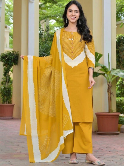 Women Leheriya Dyed Regular Pure Cotton Kurta with Palazzos & With Dupatta