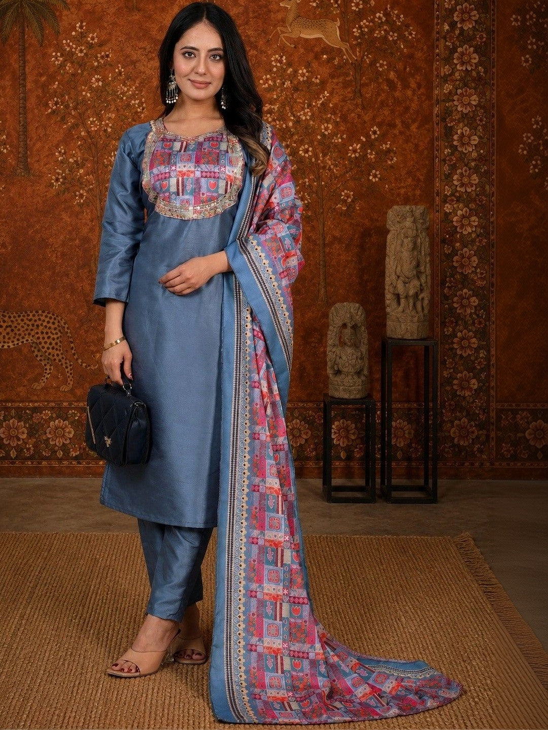 Women Ethnic Motifs Regular Kurta with Trousers & With Dupatta