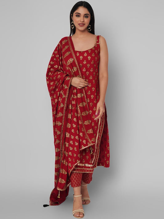 Dhiyona KL Women Red Ethnic Motifs Embroidered Gotta Patti Kurti with Trousers & With Dupatta