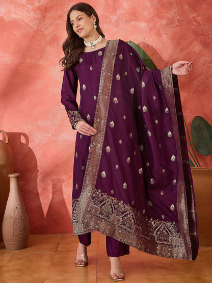 Women Woven Design Zari Kurta Set With Dupatta
