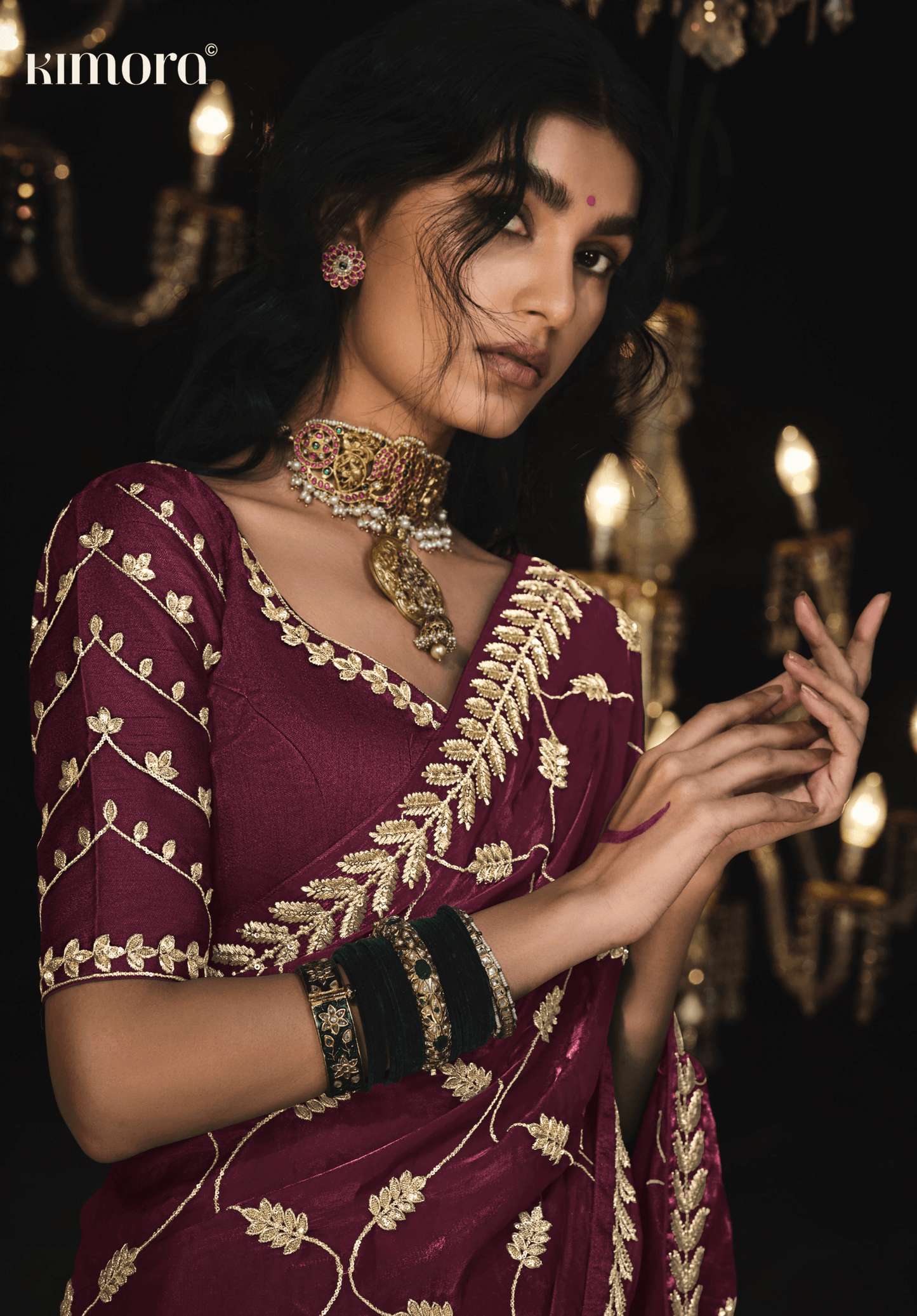 Dhiyona KM Women Maroon Saree With Luxurious Gold Embroidery - Kimora'S Royal Collection