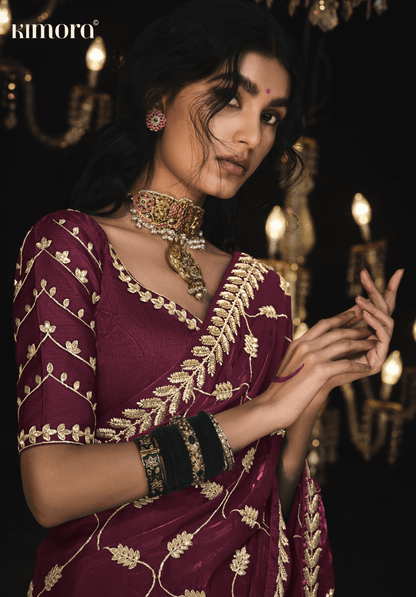 Dhiyona KM Women Maroon Saree With Luxurious Gold Embroidery - Kimora'S Royal Collection
