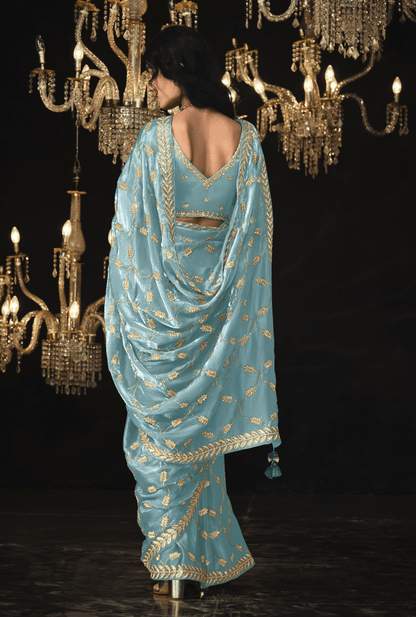 Dhiyona KM Women Sky Blue Saree With Silver Embroidery