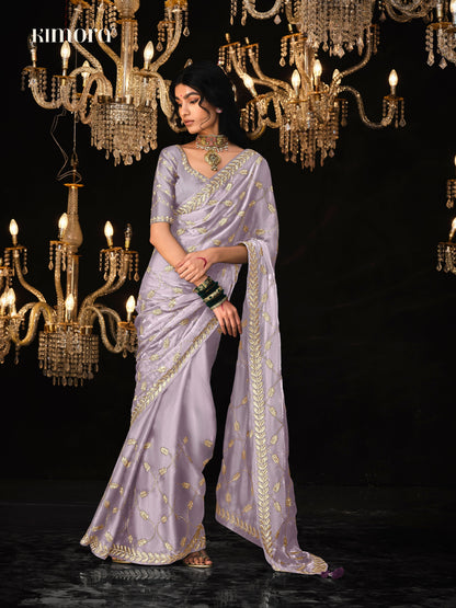 Dhiyona KM Women Lavender Saree With Elegant Silver Embroidery