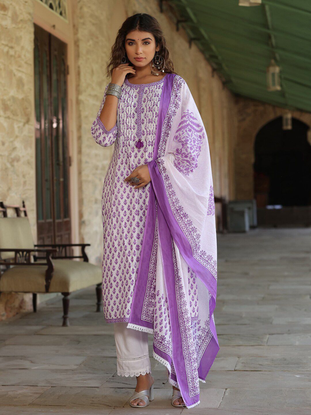 Dhiyona RR Women's Ethnic Motifs Printed Regular Pure Cotton Kurta with Trousers & Dupatta