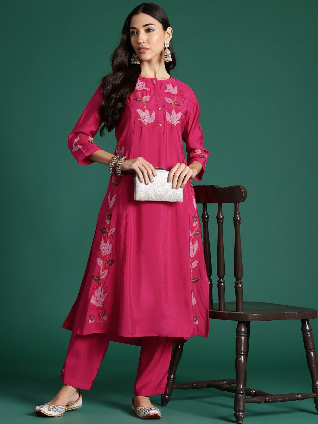 Dhiyona IE Floral Embroidered Thread Work Pure Cotton Kurta with Trousers