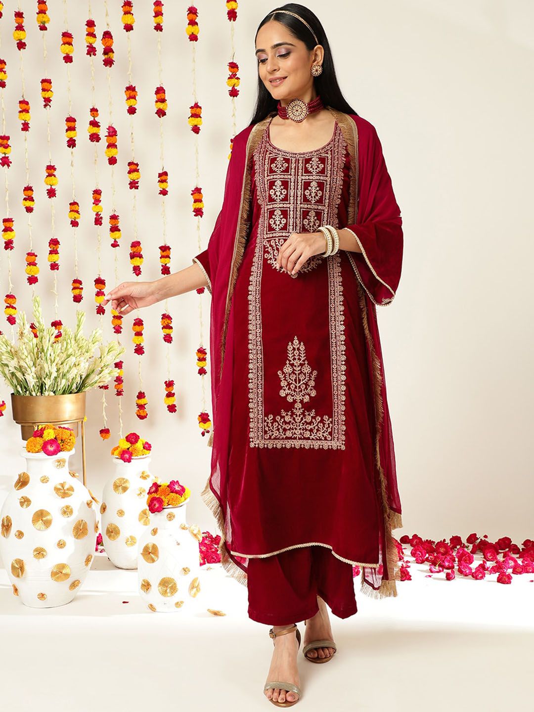 Dhiyona VA Burgundy Ethnic Motifs Embroidered Velvet Kurta With Palazzos & Dupatta