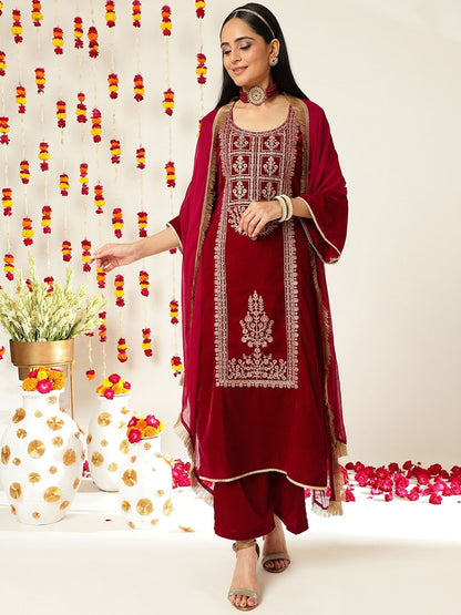 Dhiyona VA Burgundy Ethnic Motifs Embroidered Velvet Kurta With Palazzos & Dupatta