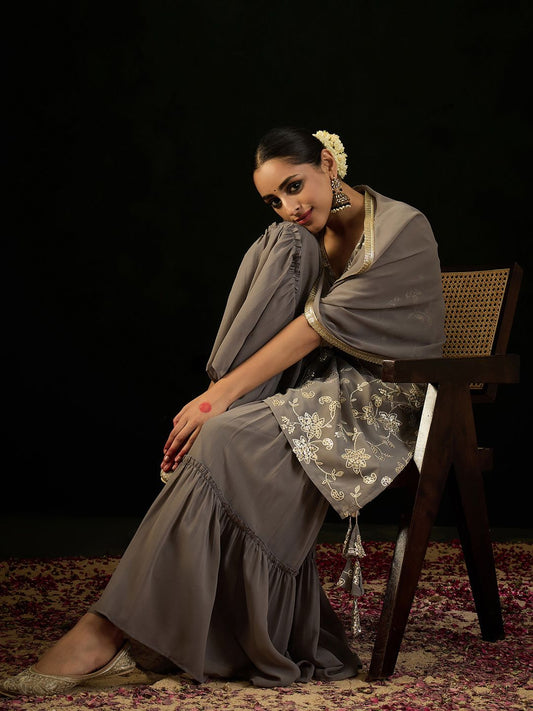 Dhiyona IE V Neck Floral Embroidered Thread Work Kurta with Sharara & Dupatta