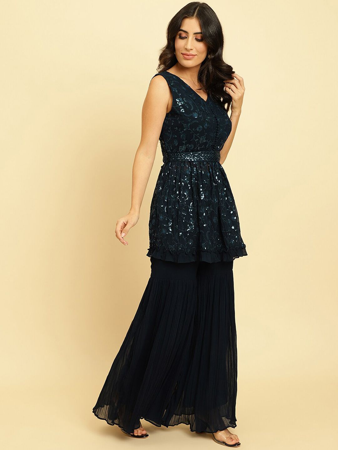 Dhiyona VA Floral Embroidered Empire Sequinned Silk Georgette Kurta With Sharara & Dupatta