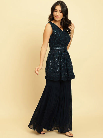 Dhiyona VA Floral Embroidered Empire Sequinned Silk Georgette Kurta With Sharara & Dupatta