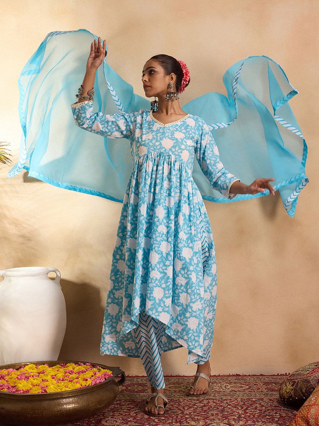 Floral Printed Empire Mirror Work Cotton A-Line Kurta with Trousers & Dupatta