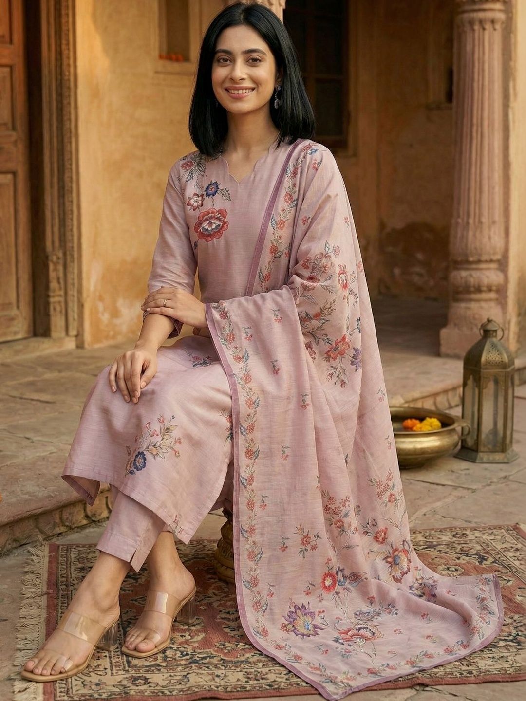 Peach Women Floral Embroidered Regular Chanderi Silk Kurta with Trousers & With Dupatta