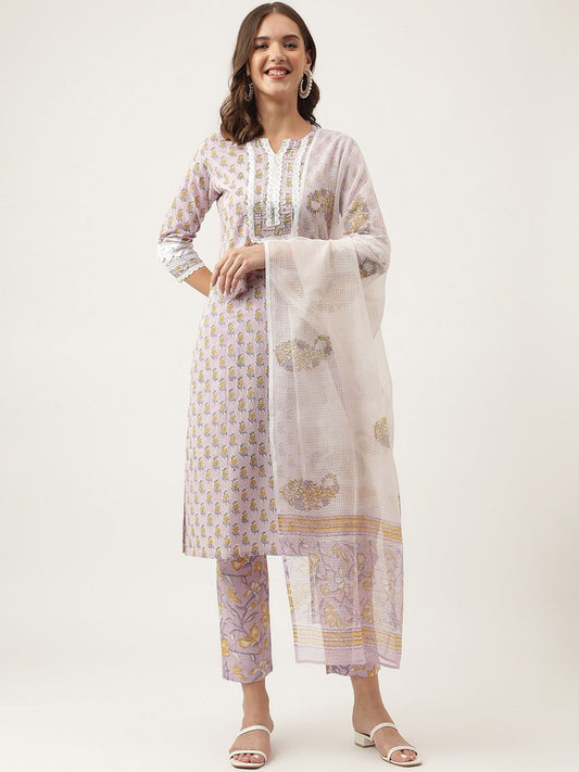 Dhiyona KL Ethnic Printed Pure Cotton Straight Kurta & Trousers With Dupatta