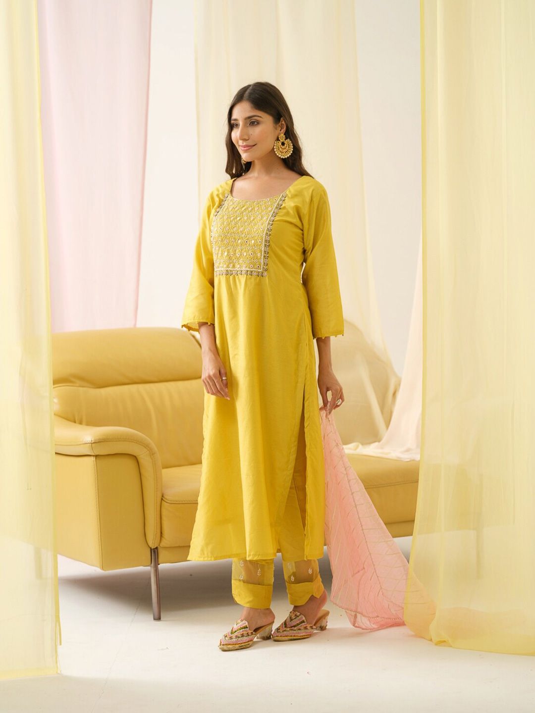 Dhiyona IS Women's Ethnic Motifs Yoke Design Mirror Work Chanderi Cotton Kurta with Trousers & Dupatta