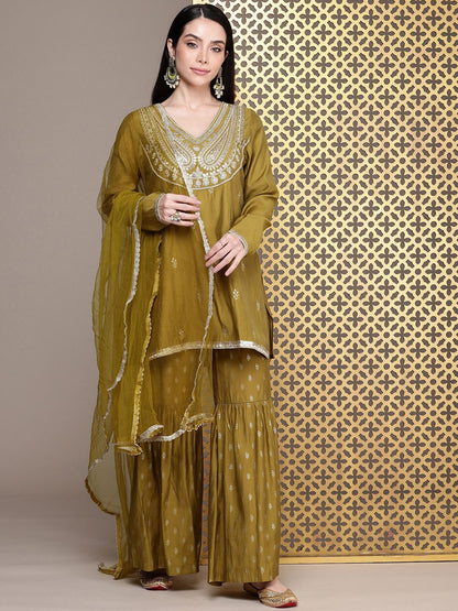 Dhiyona HOP Jashn Yoke Design Sequinned Zari Work Kurti With Sharara & Dupatta