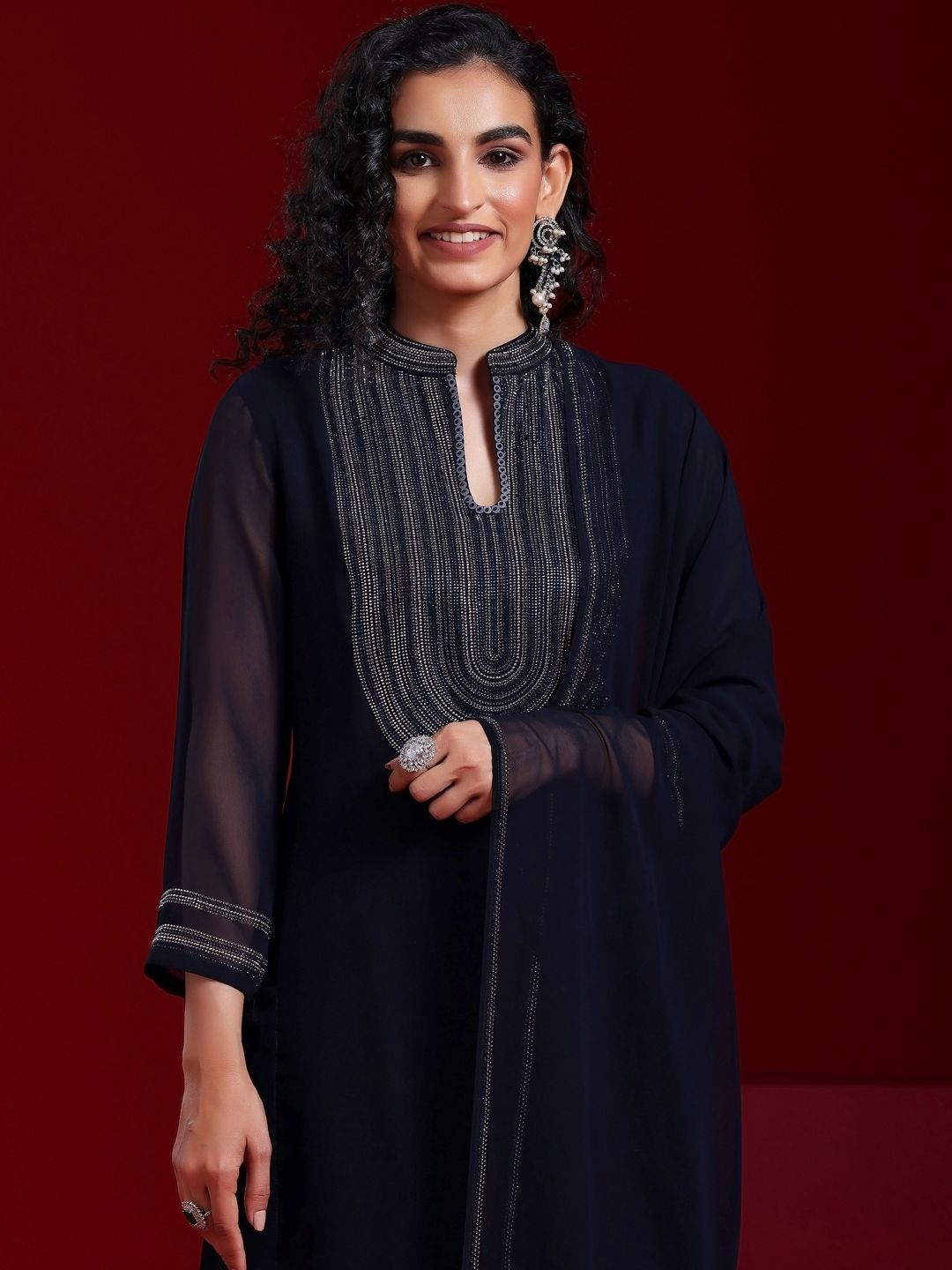 Dhiyona LL Mandarin Collar Beads and Stones Georgette Straight Kurta & Palazzo & Dupatta