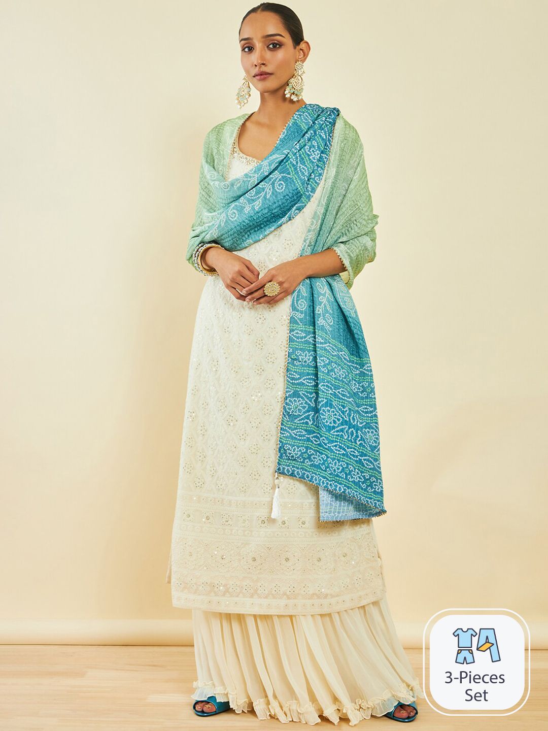 Dhiyona SO Women's Off White & Blue Floral Embroidered Georgette Kurta with Palazzos & Dupatta