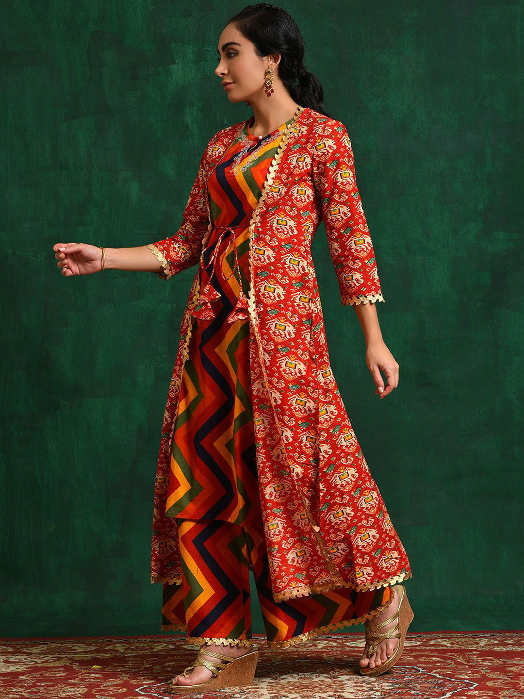 Red Chevron Printed Pure Cotton A-Line Kurta & Trousers With Jacket