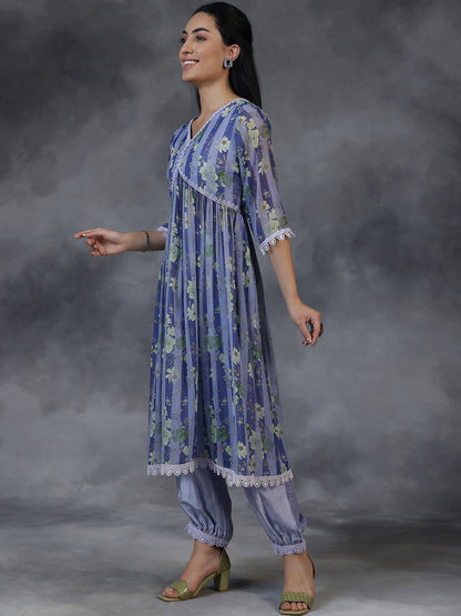 Floral Printed Lace Inserts Empire Kurta With Salwar