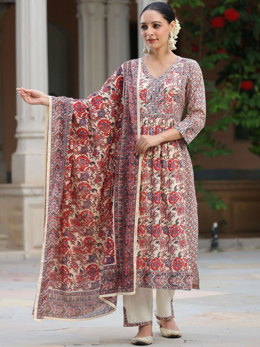 Dhiyona RR Women's Floral Printed Sequinned Pure Cotton Kurta & Trousers With Dupatta