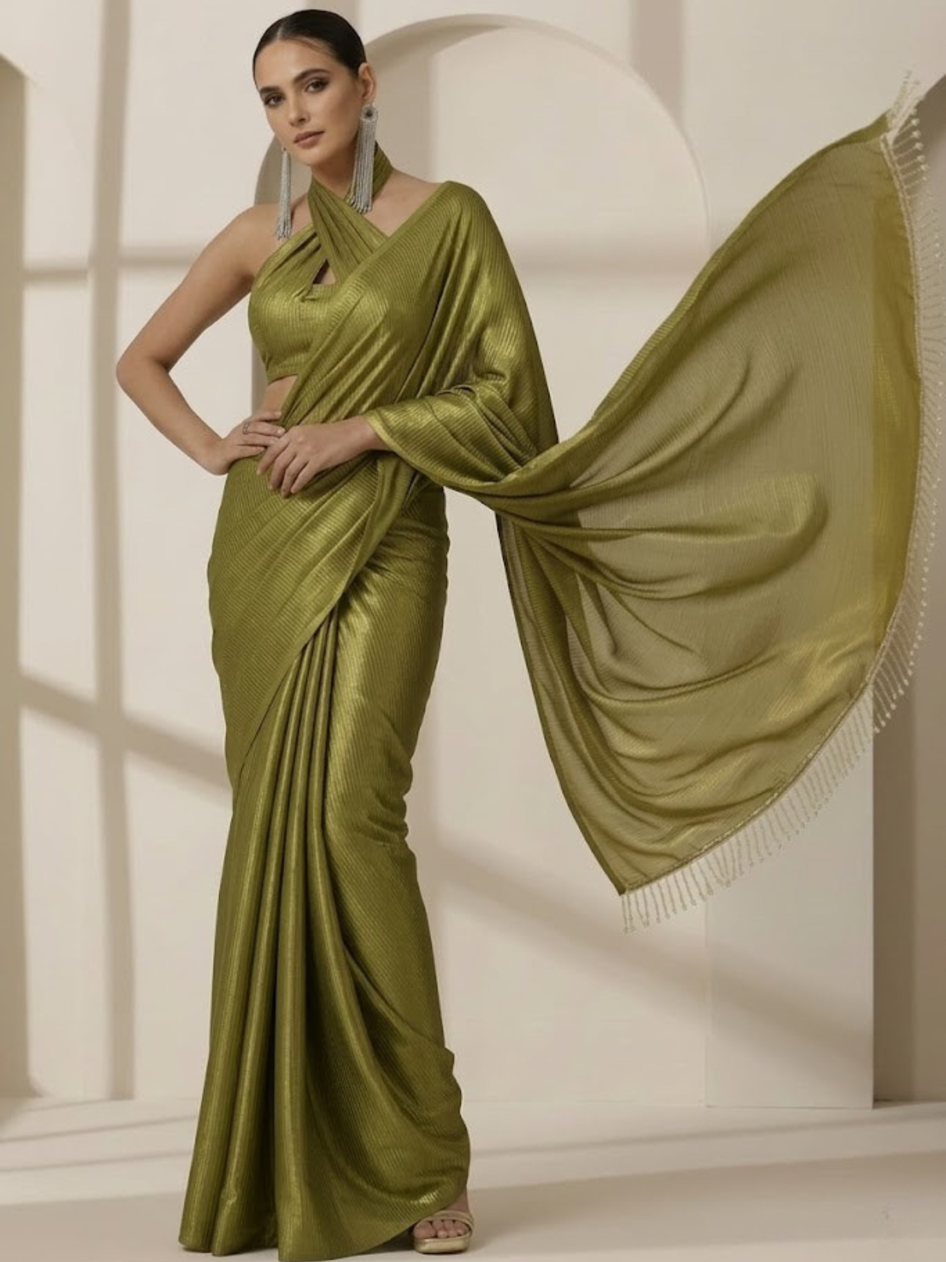 Dhiyona ST Henna Gold Chiffon Saree with Lace with Self Blouse Fabric
