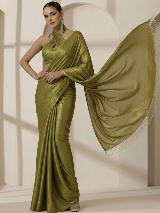 Dhiyona ST Henna Gold Chiffon Saree with Lace with Self Blouse Fabric
