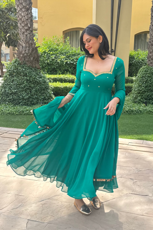 Dhiyona ST 3 pc Suit Set - Terribily Nice Green Georgette 3/4th Sleeve Anarkali with Gold Embroidery and Dupatta with Pants