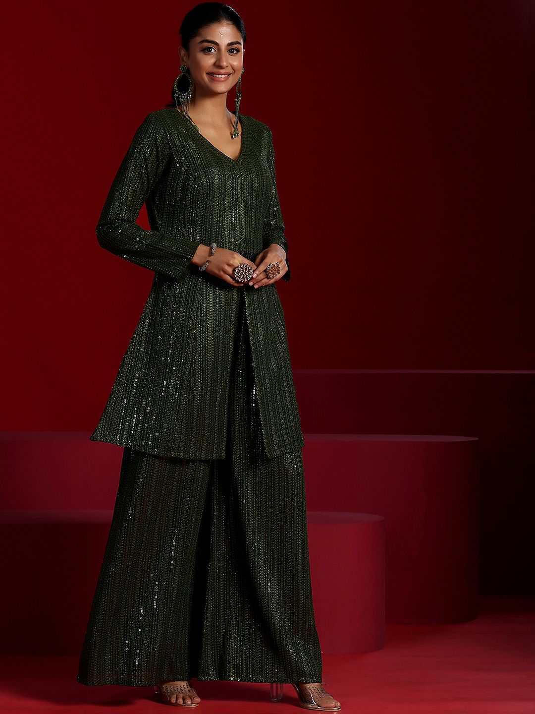 Dhiyona LL Embroidered Sequinned Kurta with Palazzos & Dupatta
