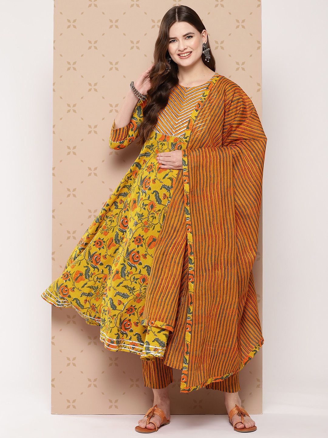 Dhiyona KL Pure Cotton Floral Printed Anarkali Gotta Patti Kurta With Trousers & With Dupatta
