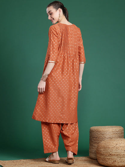 Ethnic Motifs Printed V-Neck Regular Thread Work Kurta with Patiala
