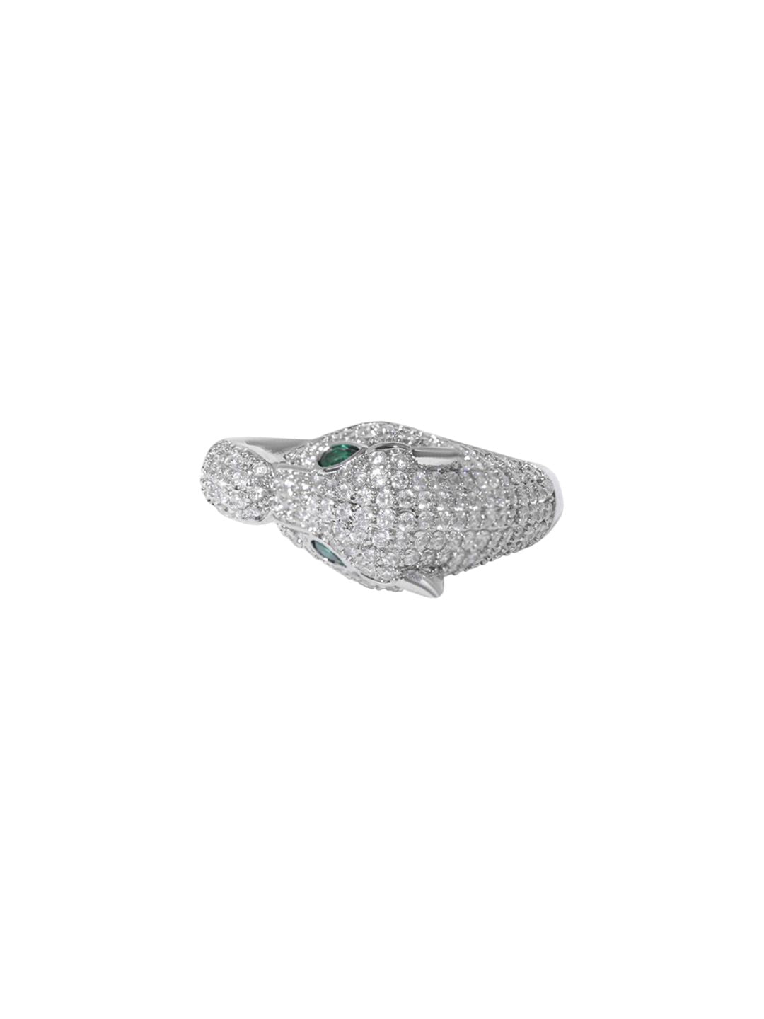 Dhiyona RJ Women's Rhodium Plated Emerald & Cubic Zirconia Studded Panther Statement Ring