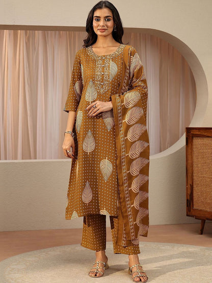 Mustard Floral Printed Cotton Blend Straight Suit Set