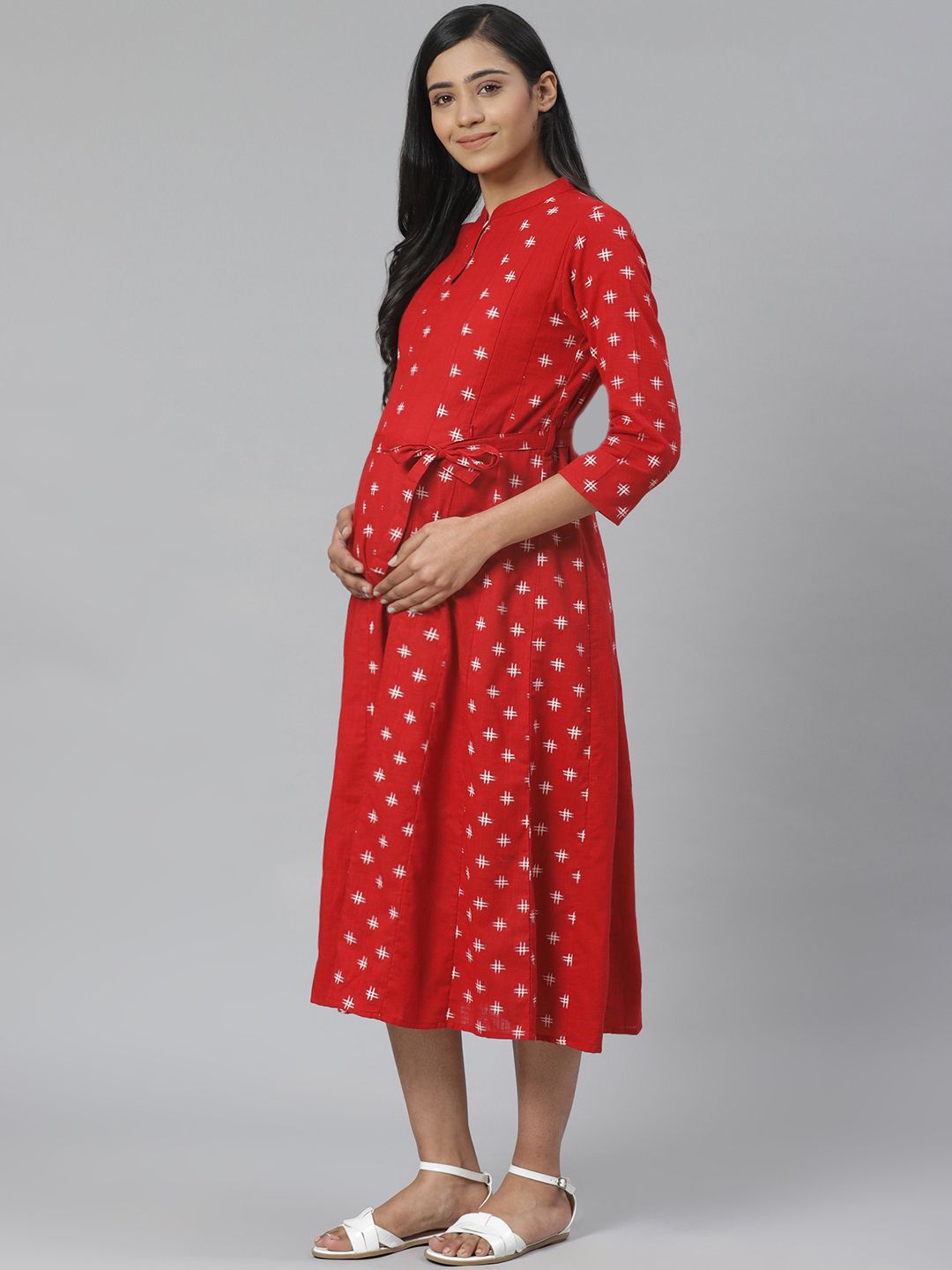 Dhiyona AY Women's Red & White Printed Pure Cotton Maternity A-Line Dress