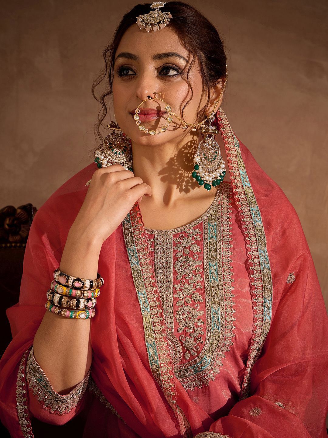 Dhiyona IE Floral Yoke Design Thread Work Straight Kurta With Trousers & Dupatta