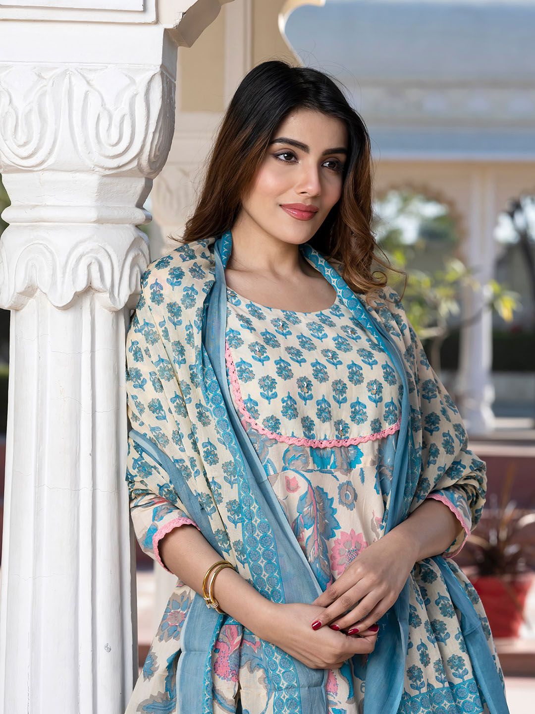 Dhiyona KL Floral Printed Round Neck Pure Cotton Anarkali Kurta with Trousers & Dupatta