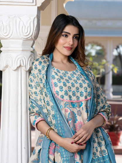 Dhiyona KL Floral Printed Round Neck Pure Cotton Anarkali Kurta with Trousers & Dupatta