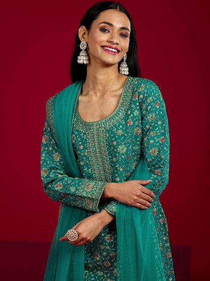 Dhiyona LL Floral Embroidered Round Neck Sequinned Straight Kurta With Palazzos & Dupatta