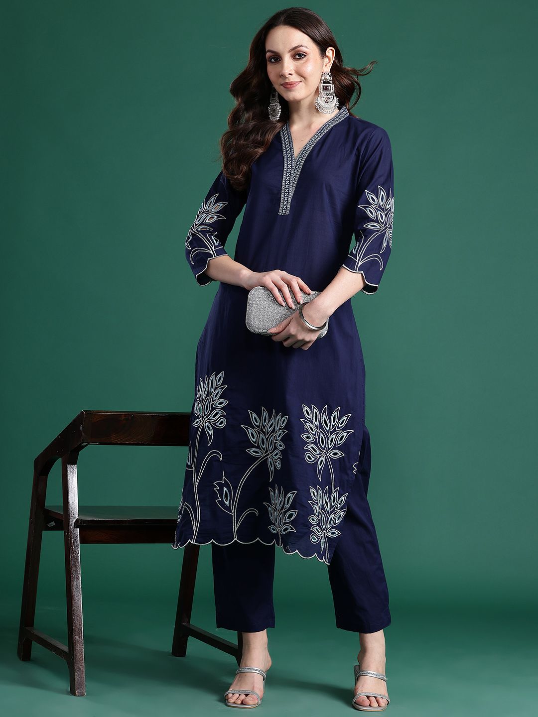 Dhiyona IE Floral Embroidered Pure Cotton Kurta with Trousers