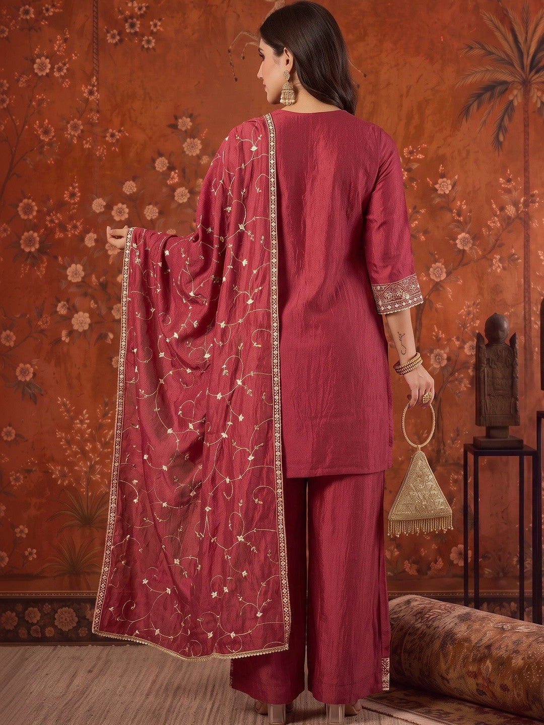 Embroidered Round Neck Kurta & Palazzos With Dupatta