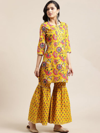 Dhiyona VA Women's Yellow Floral Printed Straight Pure Cotton Kurta & Sharara With Dupatta