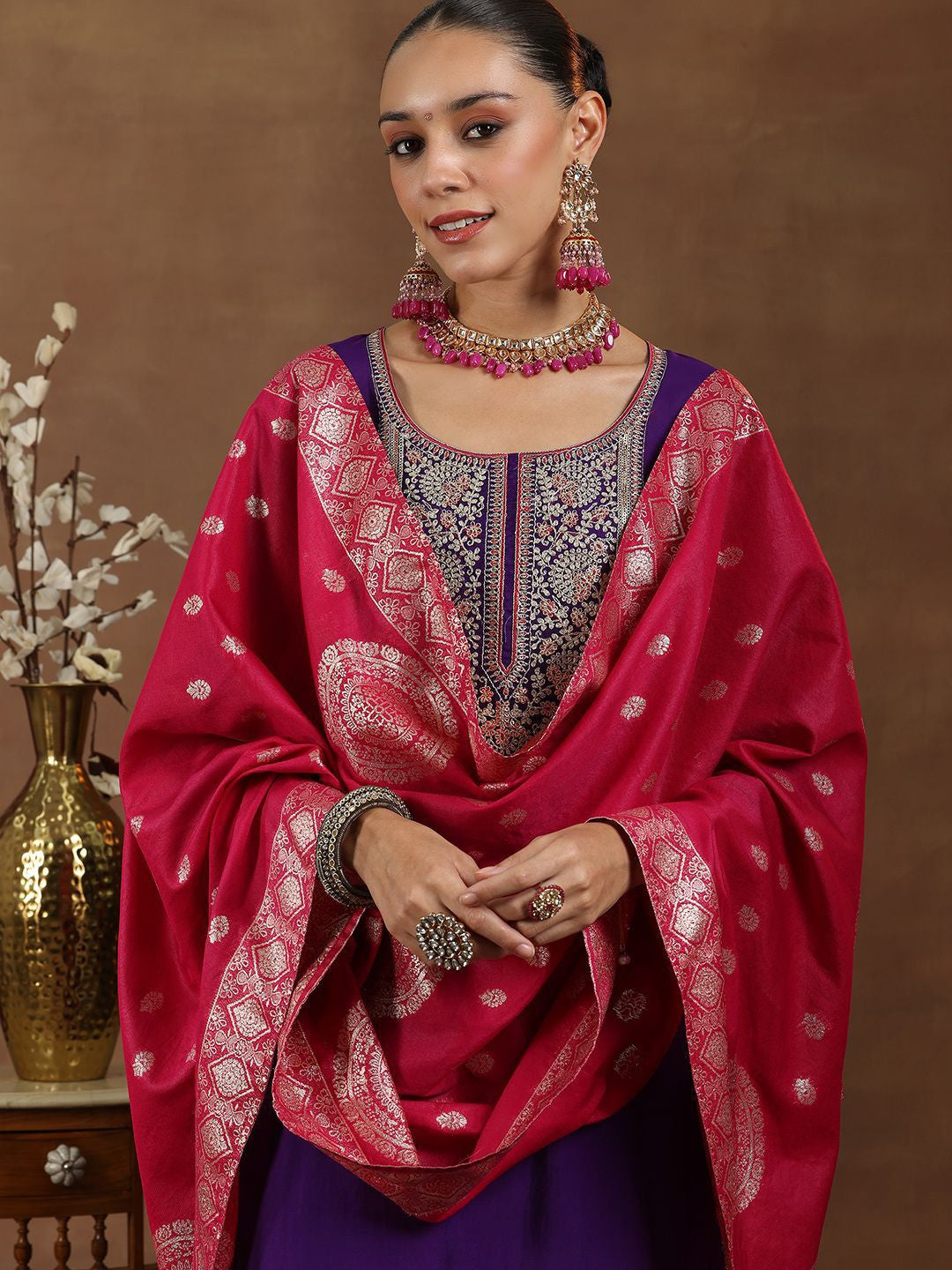 Women Floral Yoke Design Regular Kurta with Trousers & Dupatta