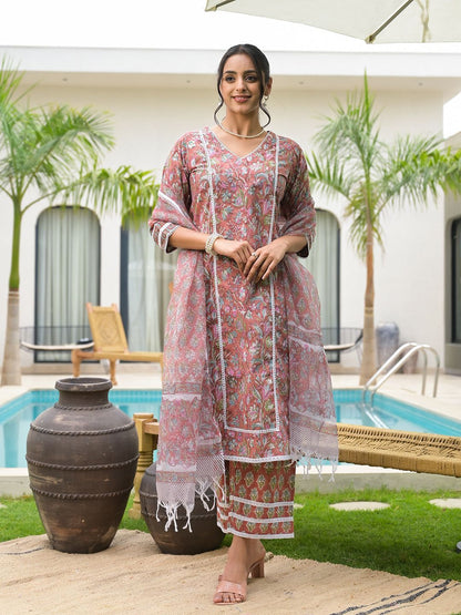 Dhiyona KL Floral Printed V-Neck Pure Cotton Kurta with Trouser And Dupatta