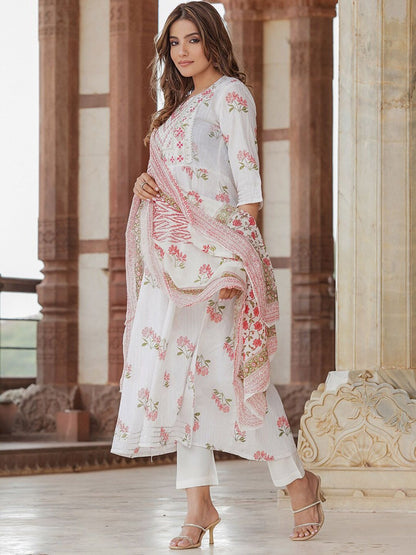 Dhiyona KL Floral Printed Thread Work Pure Cotton Kurta with Trousers & Dupatta